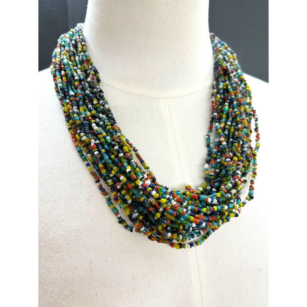 Multistrand Statement Seed Bead Necklace Twish Button Closure 23 Inch